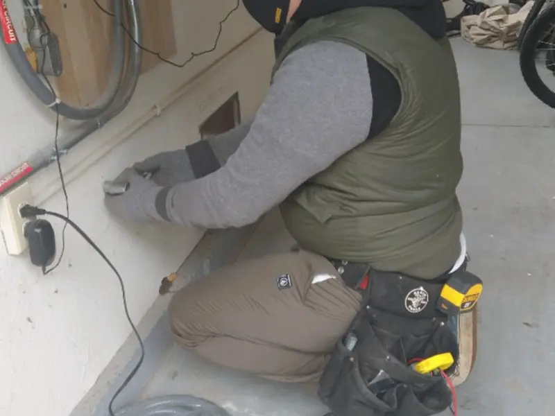 Electrician performing outlet wiring in a Hinesville garage